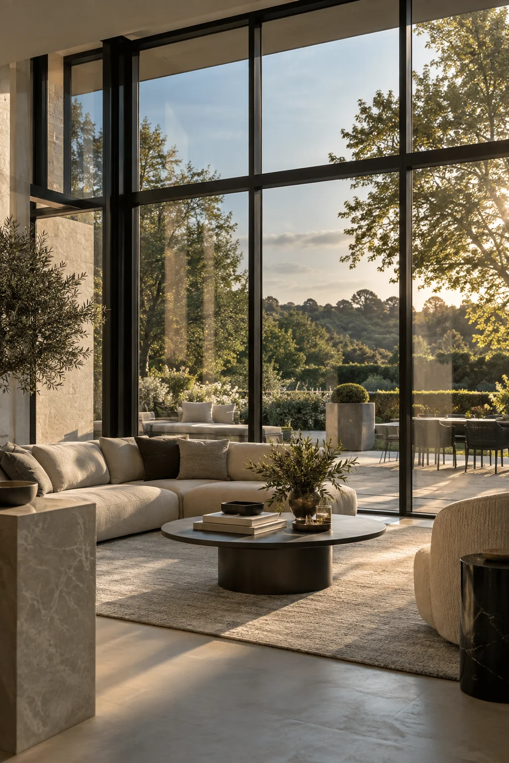 Refined contemporary living space with expansive solar-control glazing