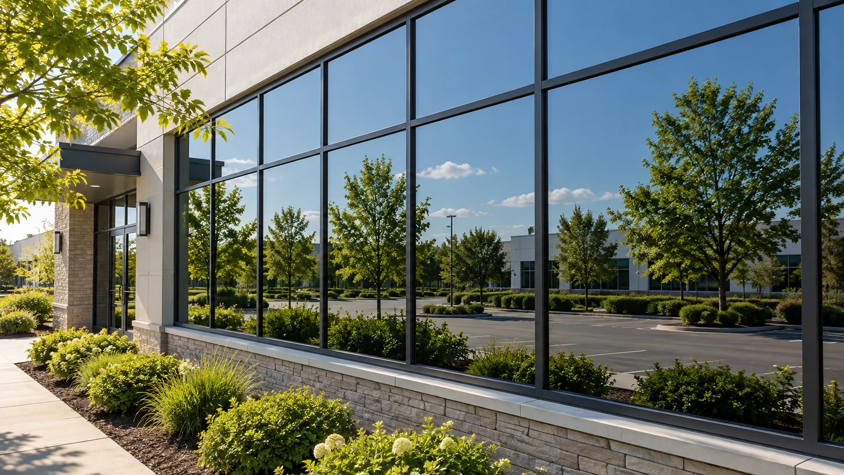 Privacy film fitted to modern commercial windows