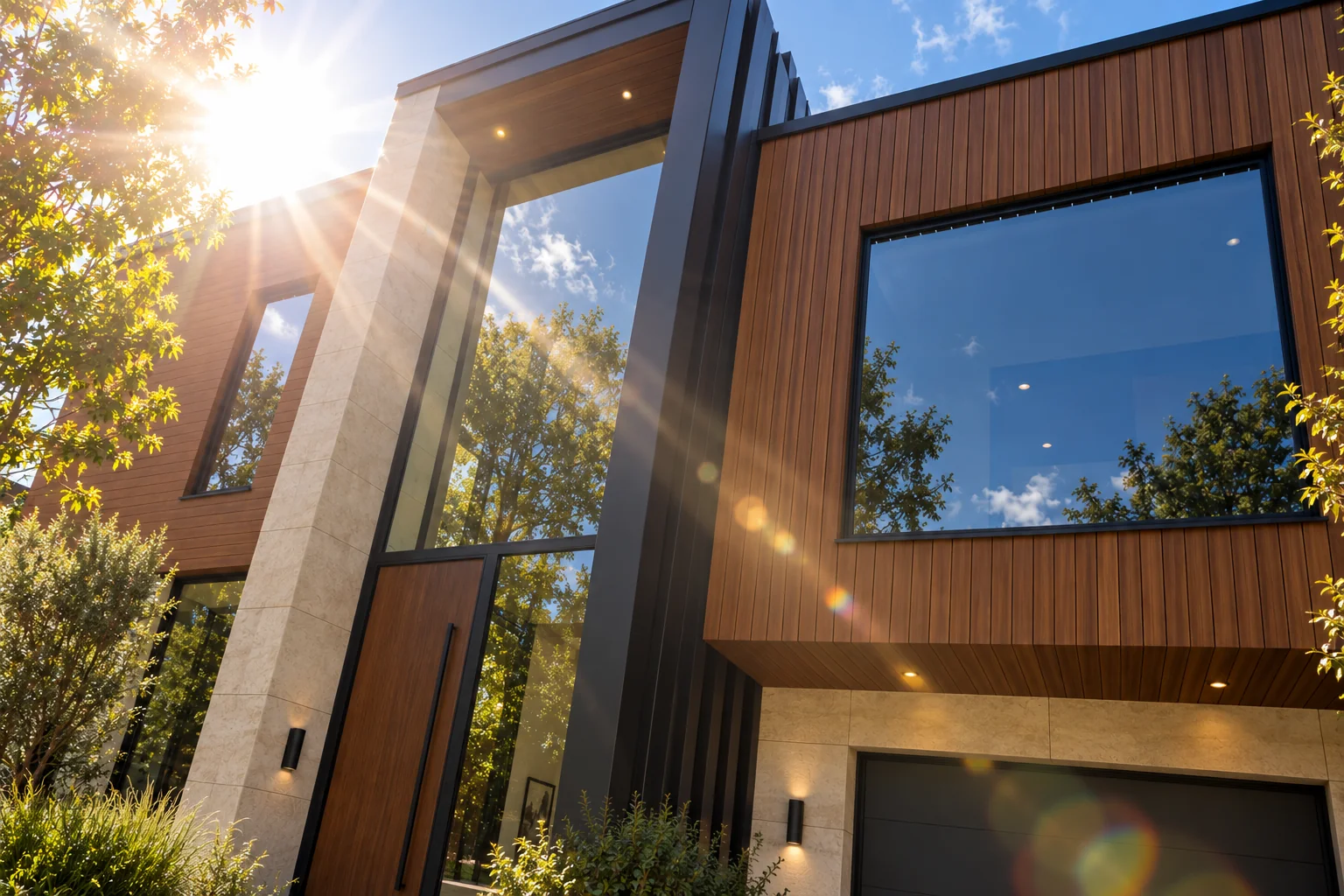 Glare-reducing window film on a modern home